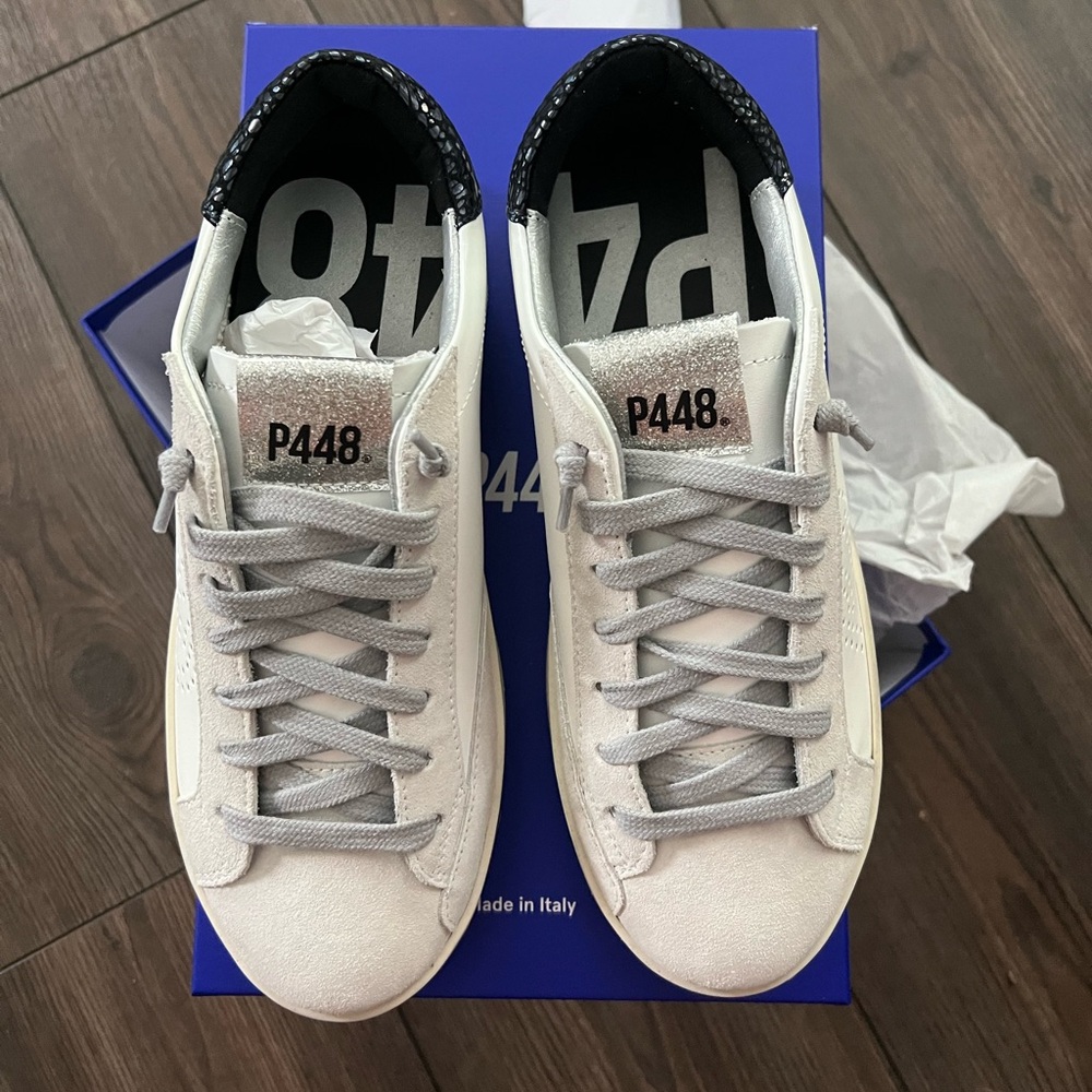 Women's P448 sz 37 John Sneakers white/navy blue sparkles
